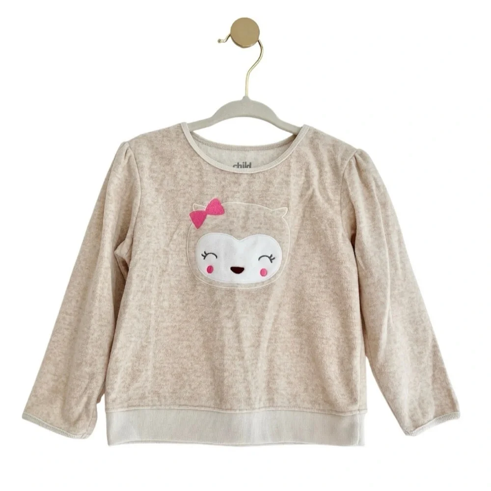 Carter's Kids Beige Sweatshirt with Cute Owl Face Design - Baby Girl 24 Months